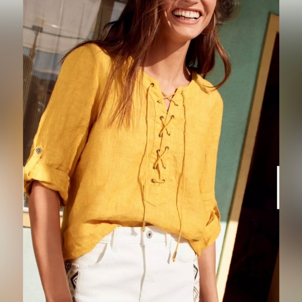 Anthropologie Maeve Yellow Linen Tie Front Blouse